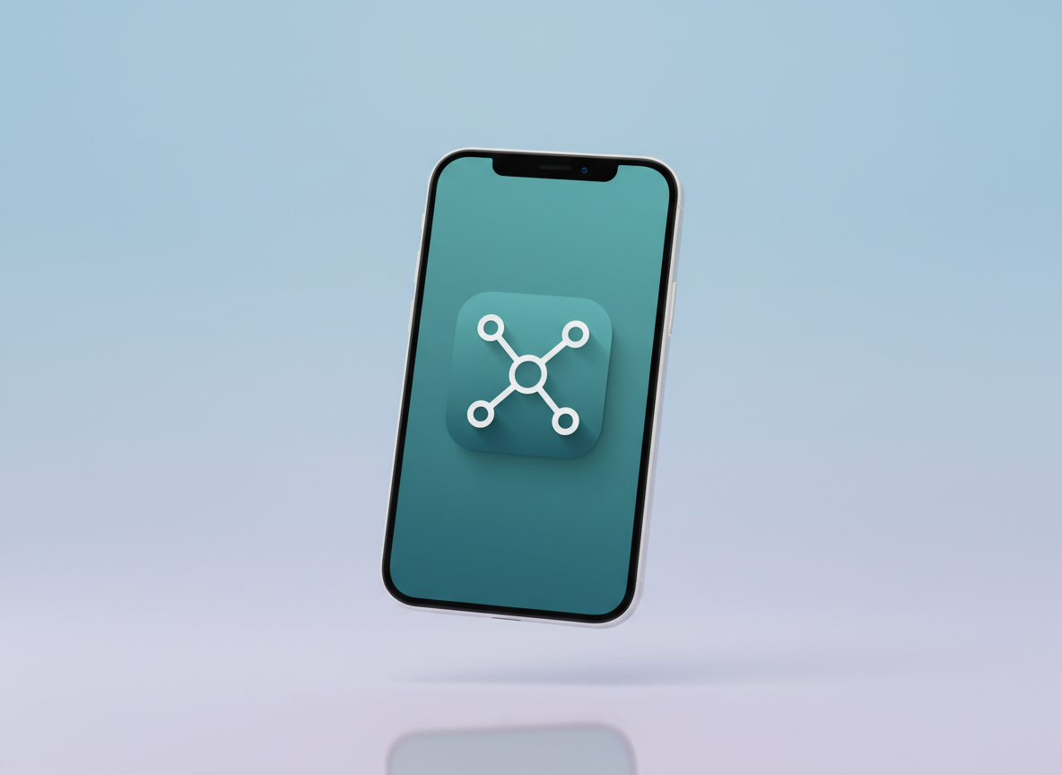 A minimalist app icon design showcased on a floating iPhone screen against a softly blurred gradient background of pale blue transitioning to gentle lavender. The icon features a simple, abstract hub shape in crisp white with subtle shadows, suggesting connectivity and organization, set on a calming teal square with rounded corners. Subtle studio rim lighting around the phone’s edges separates it cleanly from the background, while a faint reflection beneath enhances the photographic realism. The composition is centered with generous negative space, creating an elegant, professional mood. The atmosphere is clean and modern, ideal for representing a technology brand focused on intuitive, easy-to-use iOS apps.