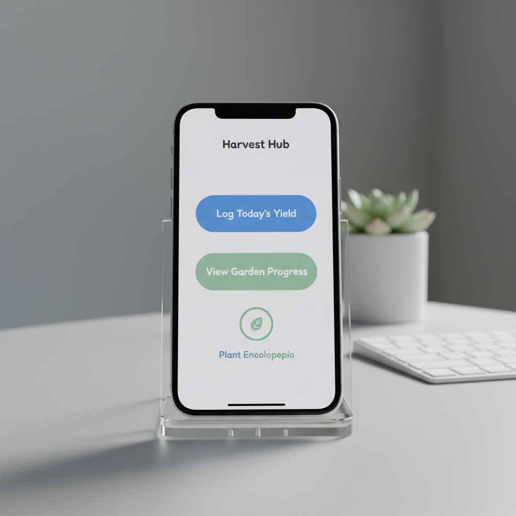 A close-up of an iPhone screen held in a clear acrylic stand on a pale gray tabletop, showcasing a single, beautifully designed iOS app interface with large, readable buttons, generous white space, and a friendly color palette of blues and soft greens. In the softly blurred background, a tidy workspace features a wireless keyboard and a small potted plant, hinting at productivity and focus. Cool, even studio lighting produces crisp reflections on the glass and precise, clean shadows beneath the stand. Shot at eye level with a centered composition and photographic realism, the mood is professional yet welcoming, highlighting the app’s simplicity and usability.