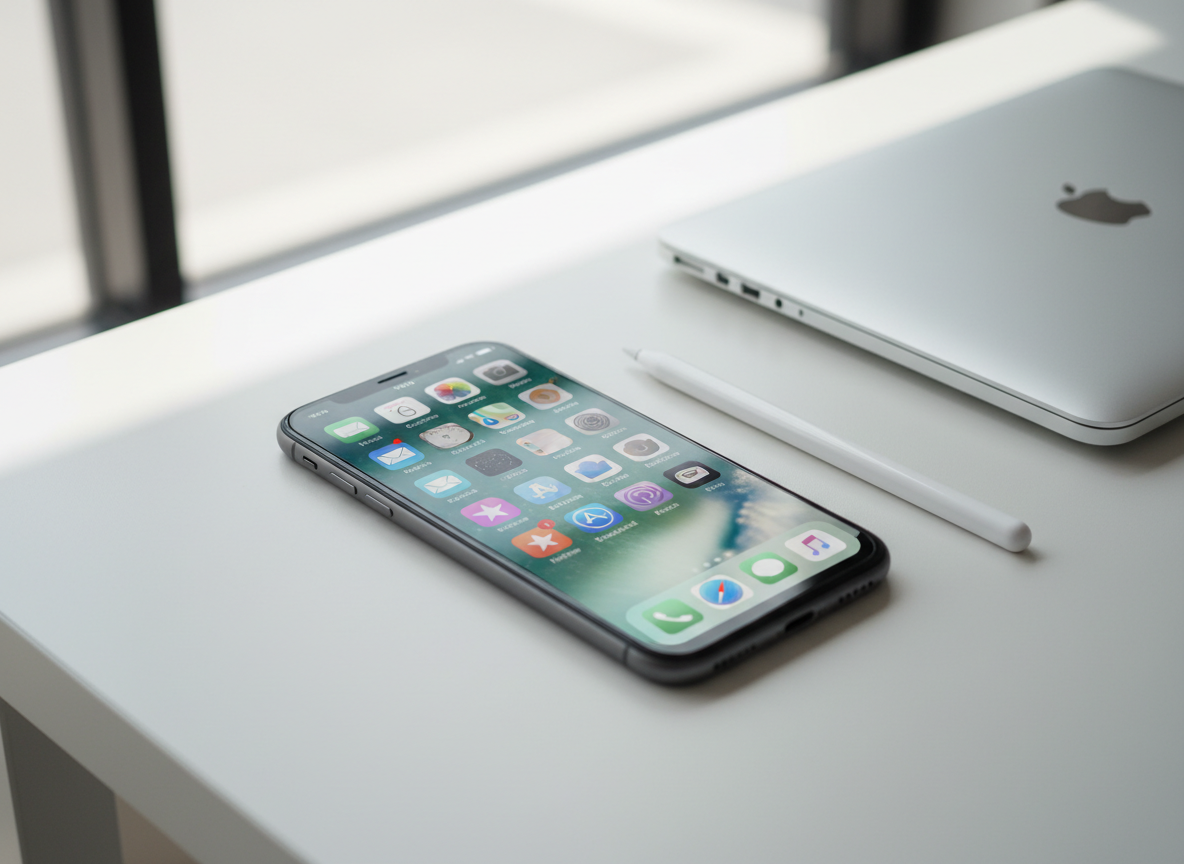 A sleek, modern iPhone lying flat on a clean white desk, its screen displaying a simple, intuitive home screen of neatly arranged app icons with soft, rounded corners and calm pastel colors. Beside it rests a minimalist aluminum Apple Pencil and a closed silver laptop, slightly out of focus. Soft, diffused daylight enters from the left, creating gentle reflections on the glass screen and subtle shadows along the phone’s beveled edges. Captured at a slightly elevated three-quarter angle with shallow depth of field, the photographic realism emphasizes clarity and simplicity. The atmosphere feels calm, professional, and approachable, visually expressing intuitive iOS apps built for everyday users.