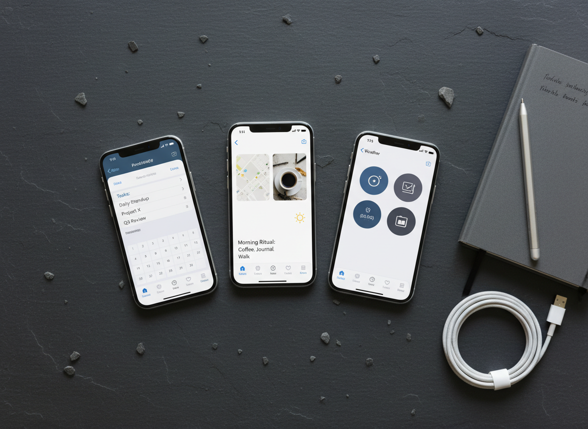 A bird’s-eye view of a dark slate desk where three different iPhones are neatly aligned in a subtle arc, each showing a distinct iOS app screen: one for productivity, one for lifestyle, and one for utilities, all sharing the same clean, intuitive visual language. The devices sit beside a graphite notebook, a slim silver stylus, and a neatly coiled white charging cable. Soft overhead lighting creates clear, defined shapes without harsh glare, emphasizing the smooth glass and metal finishes. The photographic composition uses rule of thirds with sharp focus throughout, conveying an organized, professional, yet down-to-earth feel that reflects simple apps designed for simple needs.