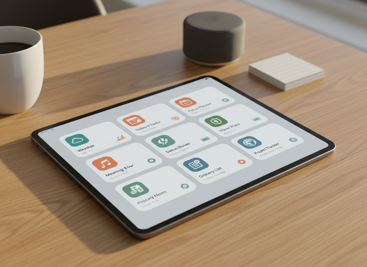 An iPad resting on a warm, light-wood table, its display filled with a dashboard of multiple HubApps-style iOS widgets arranged in an orderly grid, each with bold icons, legible typography, and restrained accent colors. Around the tablet are a few carefully placed objects: a white ceramic mug, a small stack of index cards, and a compact wireless speaker, all slightly blurred to keep focus on the interface. Late afternoon natural light from a nearby window casts a soft golden tone, creating delicate highlights along the tablet’s edges. Photographic realism with a slightly elevated angle and medium depth of field produces a comforting, practical atmosphere, emphasizing everyday usability and clarity.