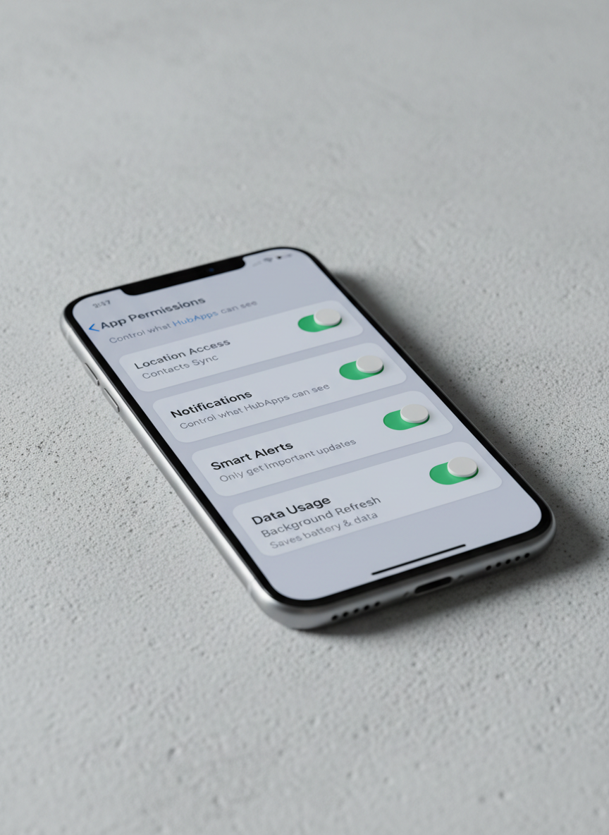 A photographic close-up of a segmented iOS settings screen on an iPhone, displaying clean toggle switches, clear labels, and friendly explanatory text that make configuration feel simple, not technical. The phone rests diagonally on a textured light concrete surface, adding subtle visual interest without distraction. Cool, soft-box studio lighting highlights the screen’s vivid clarity and the device’s brushed metal edges, while casting a gentle shadow that leads the eye across the frame. Captured from a low, side angle with shallow depth of field, the composition emphasizes the approachable interface design. The mood is reassuring and professional, reflecting how HubApps turns complex options into straightforward, user-friendly controls.